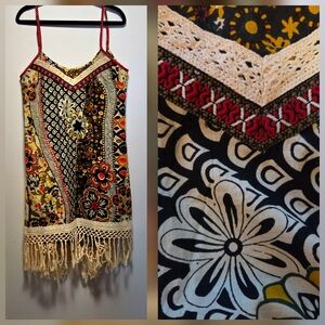 Vibrant Floral Print Dress with Crochet Accents